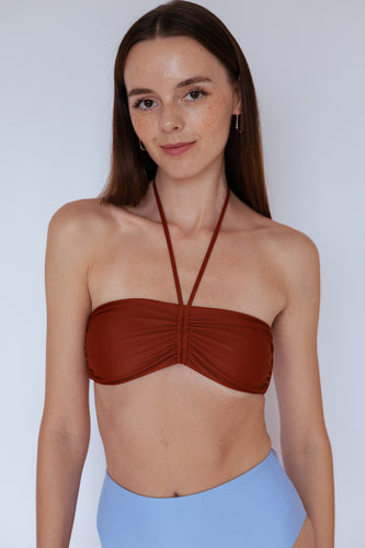 Ozero Swimwear sustainable bikini top in pecan brown, close-up view, Kuala Lumpur, Malaysia
