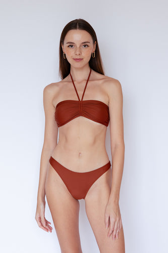Ozero Swimwear sustainable bikini bottom in pecan brown, front view, Kuala Lumpur, Malaysia