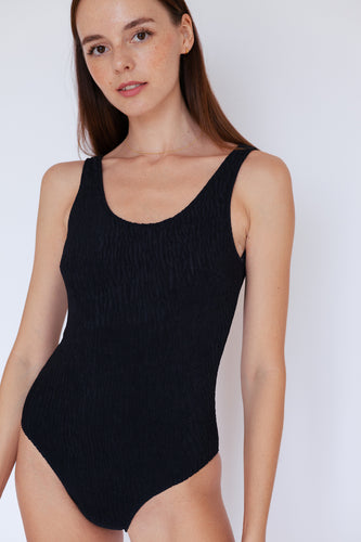 Ozero Swimwear sustainable one-piece swimsuit in black, front view, designed in Kuala Lumpur, Malaysia