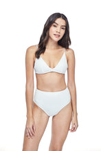 Ozero Swimwear Caspian High-Waisted Bikini Set in exclusive textile print, worn by a model on a reversible side, White colour, designed in Malaysia by Russian designer.