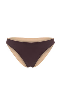 Ozero Swimwear Como Bikini Bottom in Dark Brown, reversible, sustainable fabrics, made in Bali.
