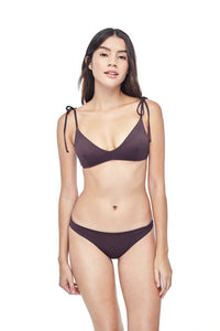 Ozero Swimwear Como minimal Bikini Set in Dark Brown, on a model, front view, sustainable fabrics, made in Bali.