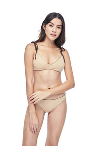 Ozero Swimwear Como minimal Bikini Set in Dark Brown, on a model, reversible side Beige colour, sustainable fabrics, made in Bali.