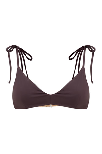 Ozero Swimwear Como Bikini Top in Dark Brown with shoulder ties, reversible to Beige, sustainable fabrics, made in Bali.