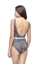 Ozero Swimwear Geneva One-Piece Swimsuit in exclusive textile print, with belt, worn by model, back view, Italian Lycra, designed in Malaysia.