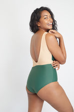 Geneva One-Piece sustainable swimsuit in Forest Green and Beige, back view
