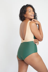 Geneva One-Piece sustainable swimsuit in Forest Green and Beige, back view