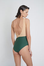 Geneva One-Piece sustainable swimsuit in Forest Green and Beige, back view 