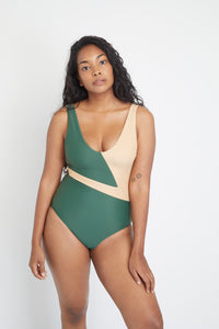 Geneva One-Piece sustainable swimsuit in Forest Green and Beige, front view 