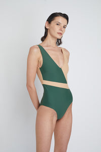 Geneva One-Piece sustainable swimsuit in Forest Green and Beige, side view 