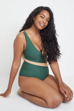 Geneva One-Piece sustainable swimsuit in Forest Green and Beige, front view 