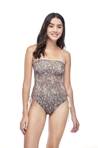 Ozero Swimwear Kvareli One-Piece Swimsuit in exclusive textile print, worn by model with no straps, front view, Italian Lycra, designed in Malaysia by Russian designer.