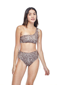 Ozero Swimwear Ladoga High-Waisted Bikini set in exclusive textile print, worn by model, front view, designed in Malaysia.
