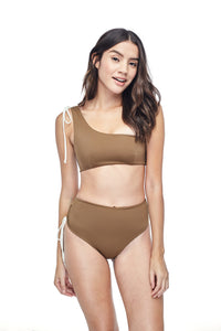 Ozero Swimwear Ladoga High-Waisted Bikini set in exclusive textile print, worn by model on reversible side in Mocha color, front view, designed in Malaysia.