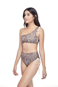 Ozero Swimwear Ladoga High-Waisted Bikini set in exclusive textile print, worn by model, side view, designed in Malaysia.