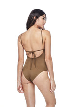 Ozero Swimwear Oron One-Piece sporty Swimsuit in Mocha, worn by model, back view, designed in Malaysia from sustainable fabrics.
