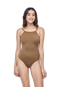 Ozero Swimwear Oron One-Piece sporty Swimsuit in Mocha, worn by model, front view, designed in Malaysia from sustainable fabrics.