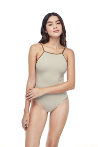 Ozero Swimwear Oron One-Piece sporty Swimsuit, worn by model on reversible side in Cloud color, designed in Malaysia from sustainable fabrics.