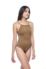 Ozero Swimwear Oron One-Piece sporty Swimsuit in Mocha, worn by model, side view, designed in Malaysia from sustainable fabrics.